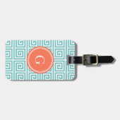 シックなティール(緑がかった色)のギリシャ人の鍵幾何学的なパターンモノグラム ラゲッジタグ (正面横)