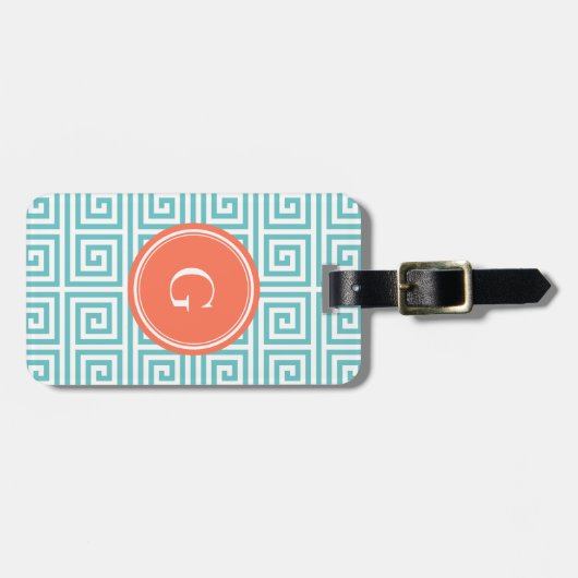 シックなティール（緑がかった色）のギリシャ人の鍵幾何学的なパターンモノグラム ラゲッジタグ (正面横)