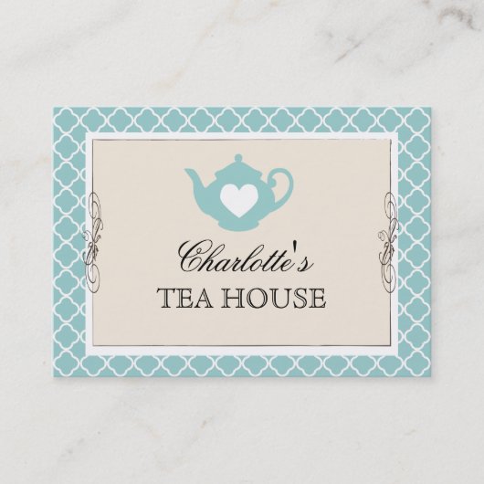 シックなティール(緑がかった色)のティーポットの茶名刺 名刺 (正面)