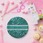 シックなティール(緑がかった色)のフェイクなグリッターおよびダイヤモンド ペーパープレート (パーティー)