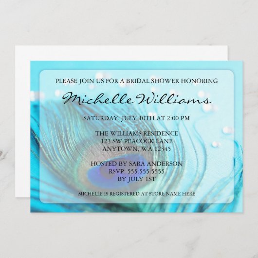 シックなティール（緑がかった色）の孔雀はブライダルシャワー招待状を宝石で飾ります 招待状 (正面/裏面)