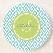 シックなティール(緑がかった色)の抽象芸術幾何学的なパターンモノグラム コースター (正面)