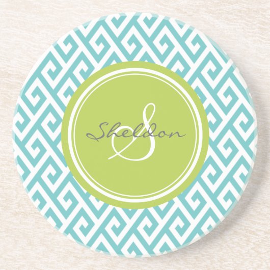 シックなティール（緑がかった色）の抽象芸術幾何学的なパターンモノグラム コースター (正面)