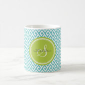 シックなティール(緑がかった色)の抽象芸術幾何学的なパターンモノグラム コーヒーマグカップ (中央)
