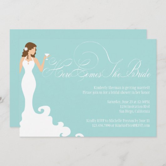 シックなティール（緑がかった色）はこ来この花嫁シャワー招待状 招待状 (正面/裏面)