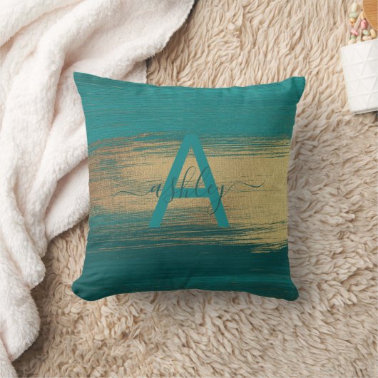 シックなティール（緑がかった色）&バラゴールドフォイルネームモノグラム クッション (ブランケット)