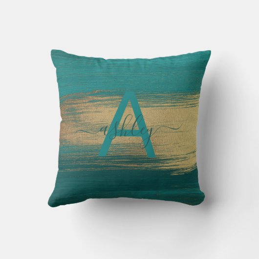 シックなティール（緑がかった色）&バラゴールドフォイルネームモノグラム クッション (裏面)