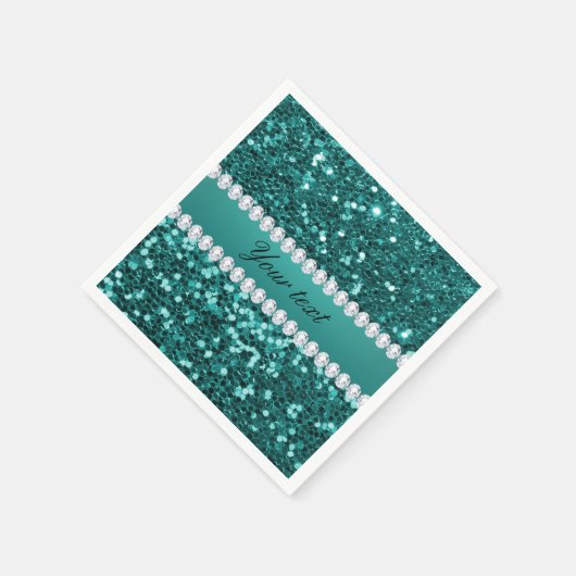 シックなティール（緑がかった色）フェイクグリッターとダイヤモンド スタンダードカクテルナプキン (角)