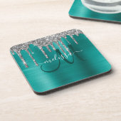 シックなティール(緑がかった色)ブラシ仕上げメタリックシルバーグリッタードリップ コースター (左側)