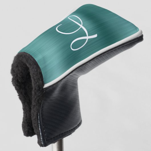 シックなティール（緑がかった色）ブラシ仕上げメタルホワイトモノグラム ゴルフヘッドカバー (3/4 正面)