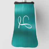 シックなティール（緑がかった色）ブラシ仕上げメタルホワイトモノグラム ゴルフヘッドカバー (回転90)