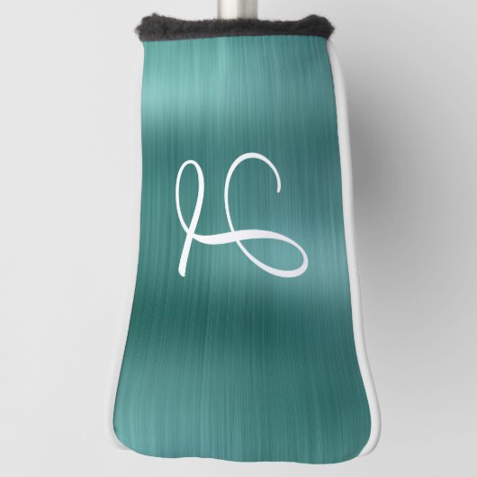 シックなティール（緑がかった色）ブラシ仕上げメタルホワイトモノグラム ゴルフヘッドカバー (回転90)