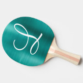 シックなティール(緑がかった色)ブラシ仕上げメタルホワイトモノグラム 卓球ラケット (横)