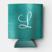 シックなティール(緑がかった色)ブラシ仕上げメタルホワイトモノグラム 缶クーラー (正面)