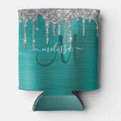 シックなティール（緑がかった色）ブラッシュドメタルシルバーグリッタードリップス名 缶クーラー (正面)