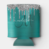 シックなティール（緑がかった色）ブラッシュドメタルシルバーグリッタードリップス名 缶クーラー (裏面)