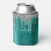 シックなティール（緑がかった色）ブラッシュドメタルシルバーグリッタードリップス名 缶クーラー (缶裏面)