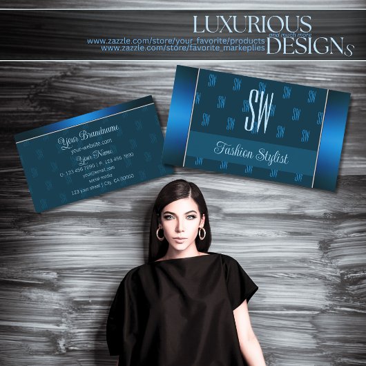 シックなティール（緑がかった色）ブルーとモノグラムパターンプロフェッショナル 名刺