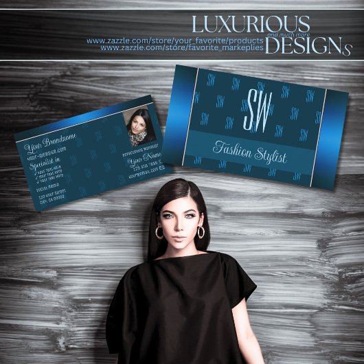 シックなティール（緑がかった色）ブルーと写真とモノグラムパターン 名刺