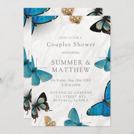 シックなティール（緑がかった色）ブルーウォーターカラーバタフライカップルシャワー 招待状 (正面/裏面)