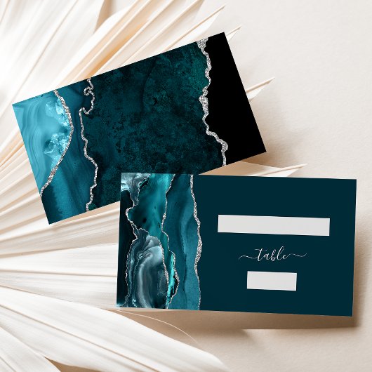 シックなティール（緑がかった色）ブルーシルバーア結婚ガテズエスコート プレイスカード