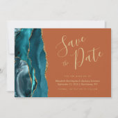 シックなティール（緑がかった色）ブルー金ゴールドアゲートバーンドオランザデイト 招待状 (正面)