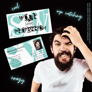 シックなティール（緑がかった色）ホワイトブラックとフォトロゴとモノグラム 名刺