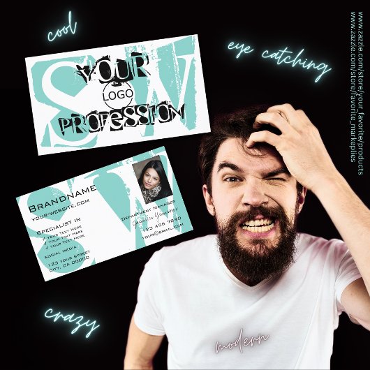 シックなティール（緑がかった色）ホワイトブラックとフォトロゴとモノグラム 名刺