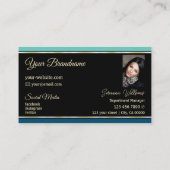 シックなティール(緑がかった色)縁どブルーオンブラックと写真スタイリッシュ 名刺 (裏面)