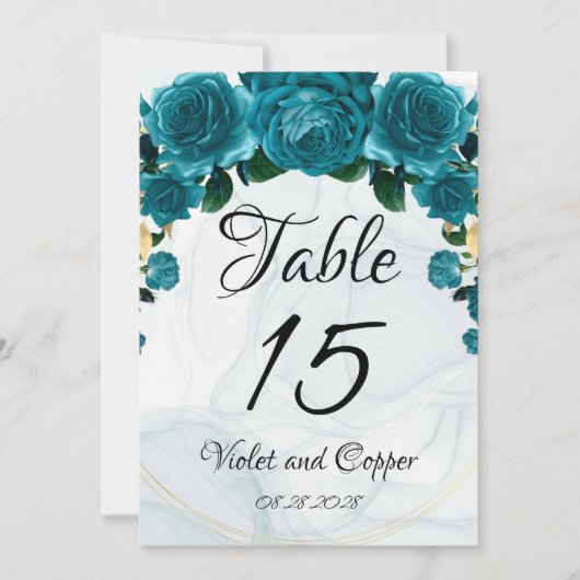 シックなティール(緑がかった色)金ゴールド結婚Etherealのテーブル番号 招待状 (正面)