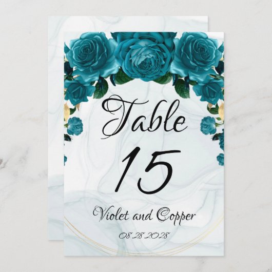 シックなティール(緑がかった色)金ゴールド結婚Etherealのテーブル番号 招待状 (正面/裏面)