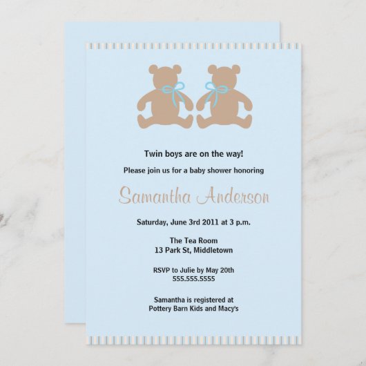 シックなテディー・ベアのベビーシャワーの招待状-対の男の子 招待状 (正面/裏面)