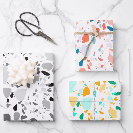 シックなテラゾブラックグレーミニマルカラフルリストストーン ラッピングペーパーシート (正面)