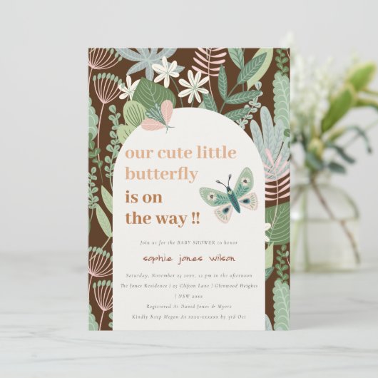 シックなデザートアーチバタフライガーデンベビーシャワー 招待状 (スタンド正面)