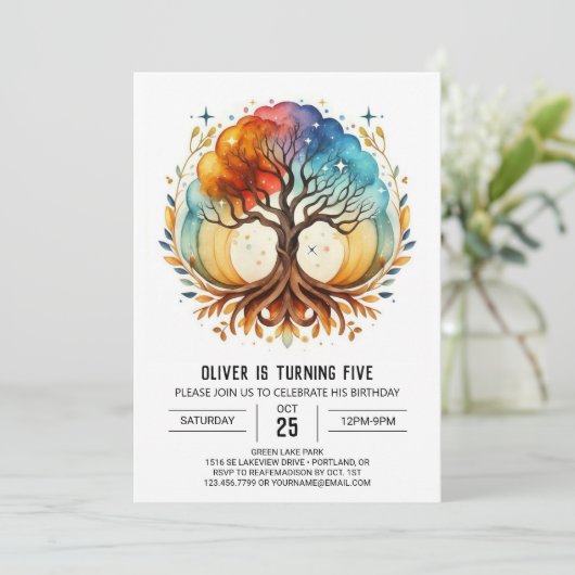 シックなデジタルツリーオブライフ誕生日 招待状 (スタンド正面)