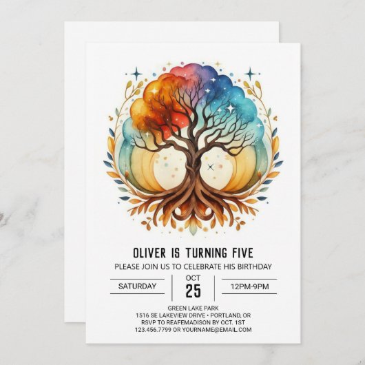 シックなデジタルツリーオブライフ誕生日 招待状 (正面/裏面)