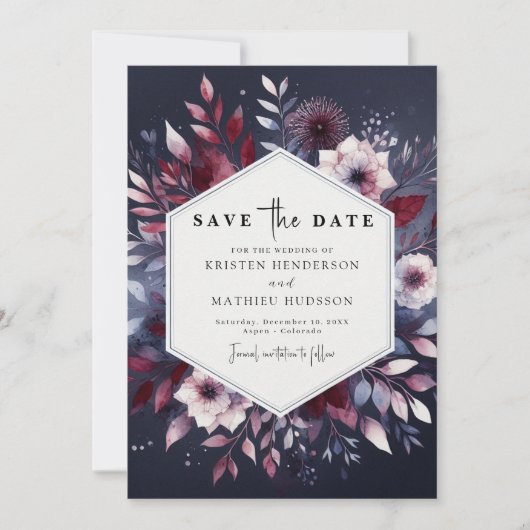 シックなデジタルブルゴーニュ結婚ーズ セーブザデート (正面)