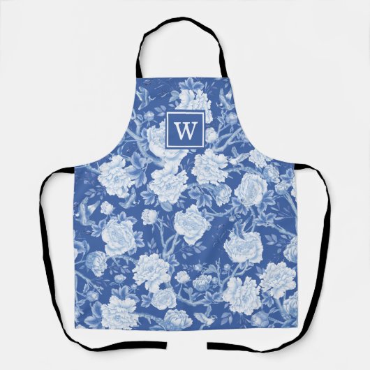 シックなデルフトブルーホワイトチノワセリーフラワーモノグラム エプロン (正面)