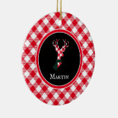 シックなトナカイ赤とホワイトプレイドパーソナライズされた セラミックオーナメント (右)