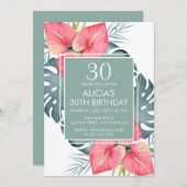 シックなトロピカルアンスリウム&モンステラ誕生日 招待状 (正面/裏面)