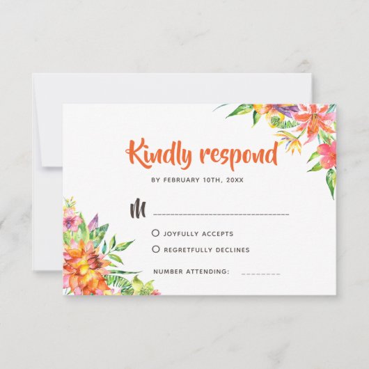 シックなトロピカルウォーターカラーサマーウェディングRSVP 出欠カード (正面)