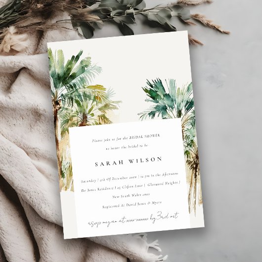 シックなトロピカルウォーターカラーパームツリーズブライダルシャワー 招待状