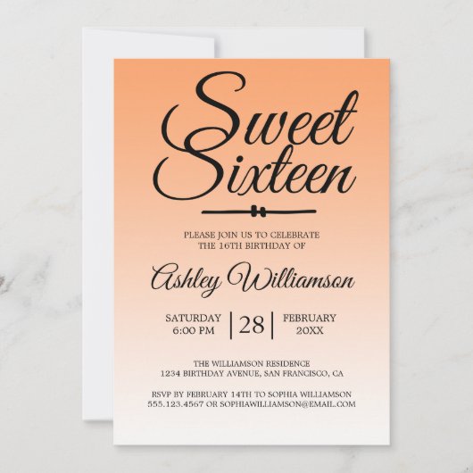 シックなトロピカルオグラデーションレンジスウィート16 16誕生日 招待状 (正面)