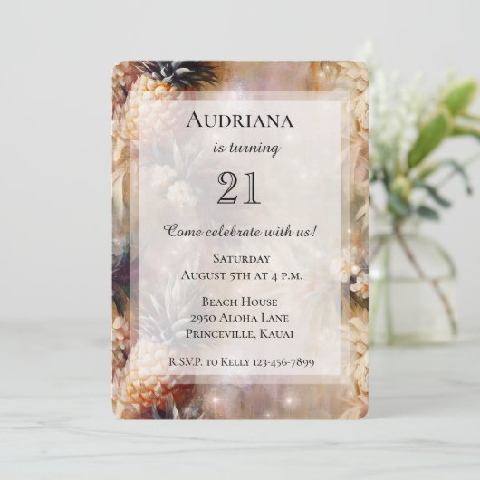 シックなトロピカルパイナップルスパークル誕生日 招待状 (スタンド正面)