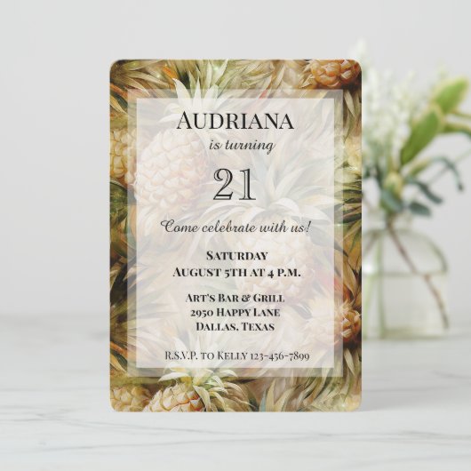 シックなトロピカルパイナップル誕生日 招待状 (スタンド正面)