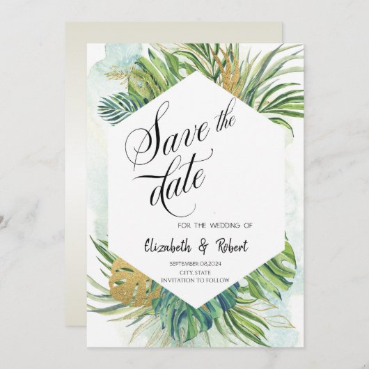 シックなトロピカルパ葉ームの夏の日付を保存 セーブザデート (正面/裏面)