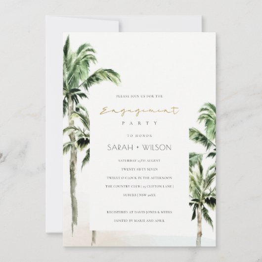 シックなトロピカルビーチパームツリーズ婚約招待状 サンキューカード (正面)