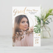 シックなトロピカルピンク金ゴールドアーチ写真卒業 案内状 (スタンド正面)