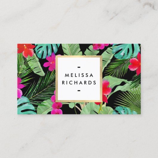 シックなトロピカルプリントウォーターカラーデザイナーブラック 名刺 (正面)
