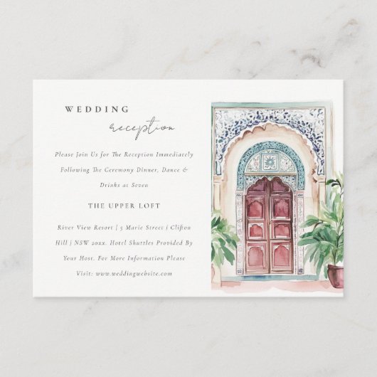 シックなトロピカルモロッコの戸口のウェディングレセプション エンクロージャーカード (正面)